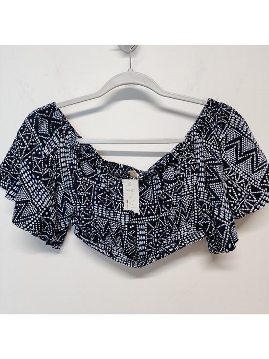 Tyche Tops - Womens Flutter Ruffle Sleeve Crop Top Size L Geo Blue Elastic Neck Summer Gypsy